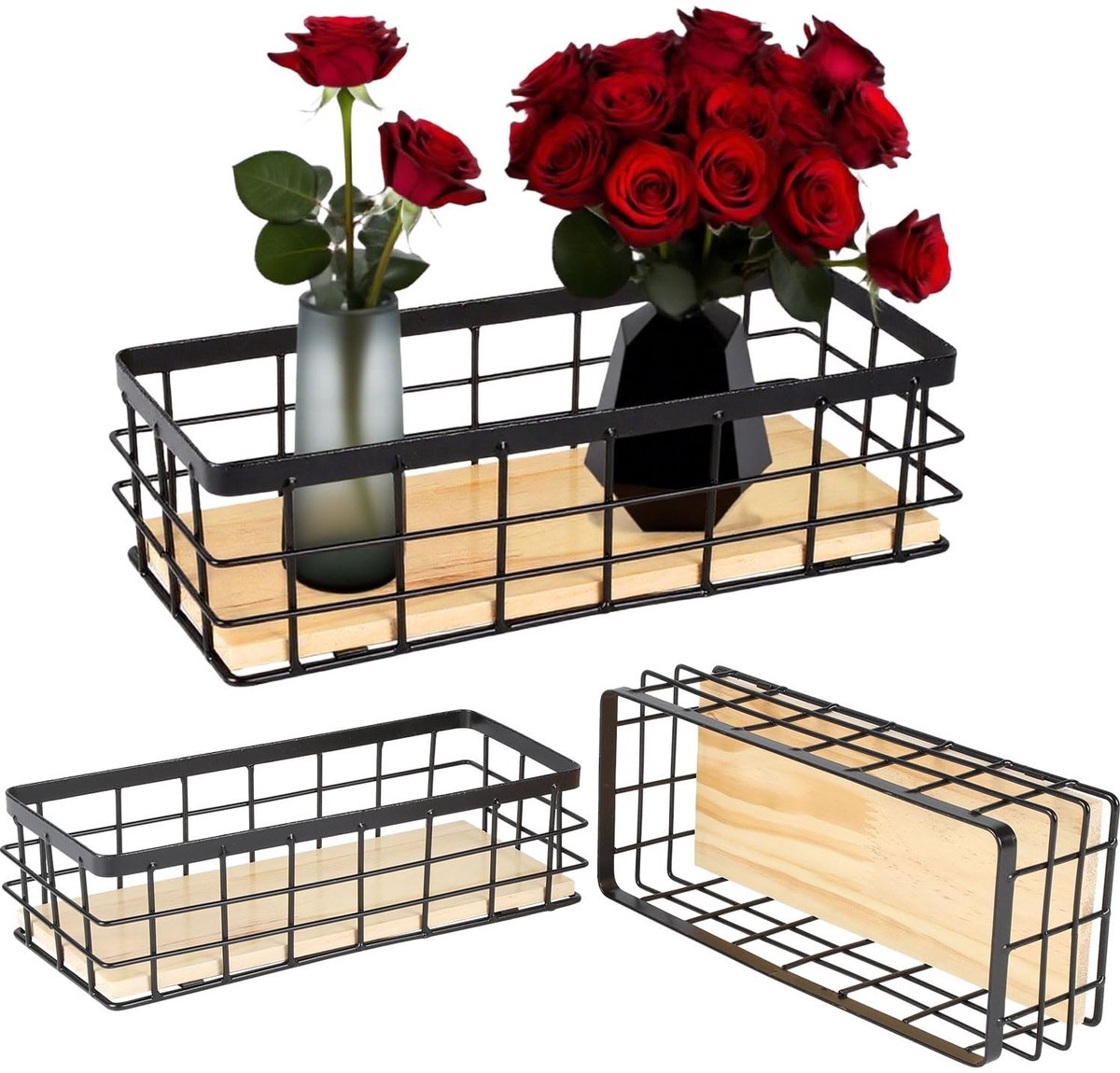 Omgoods - Set van 3 Draadmanden - Met Houten Basis, Voor Keuken en Badkamer