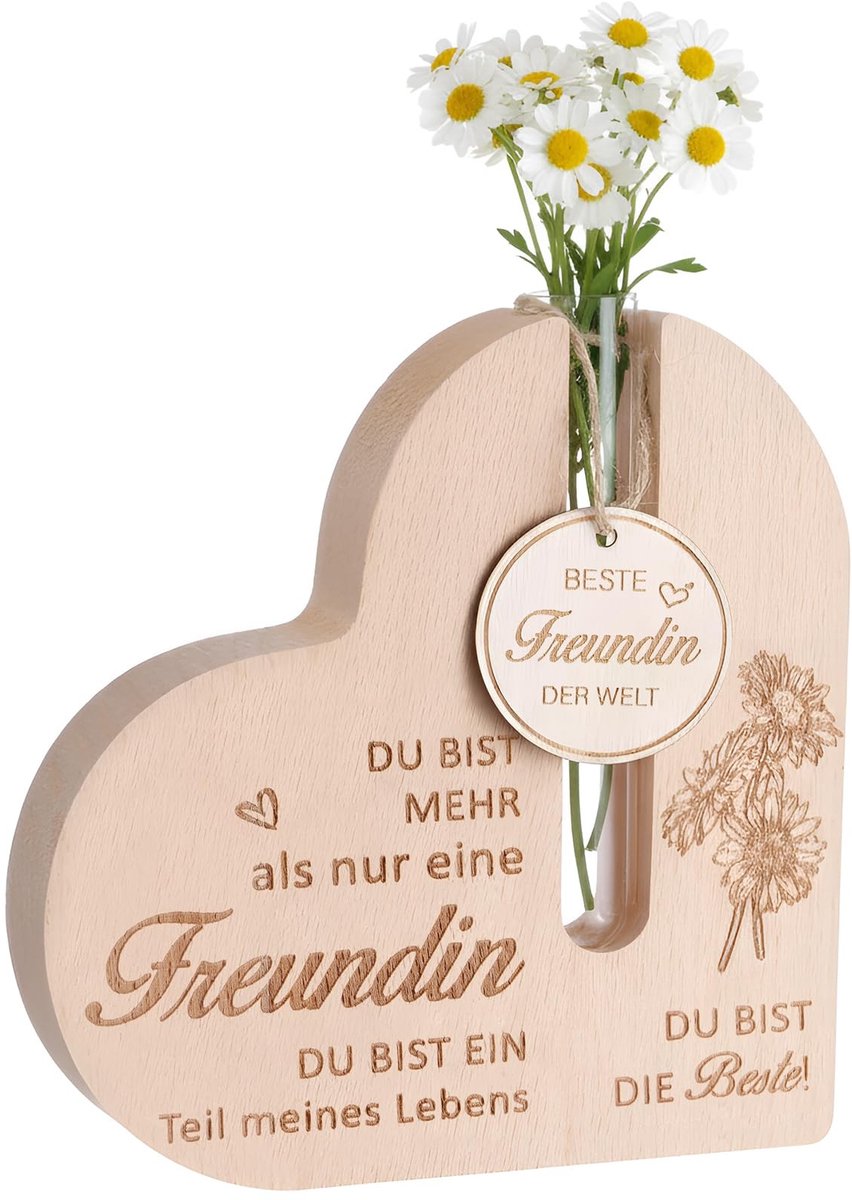 Omgoods - Houten Hartvormige Vaasje met Testbuis en Plaquette