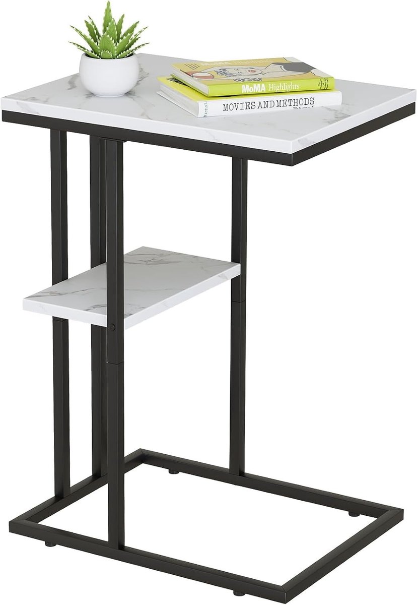 Omgoods - C-vormige Bijzettafel met Stabiliteit en Modern Design in Witte Marmerlook