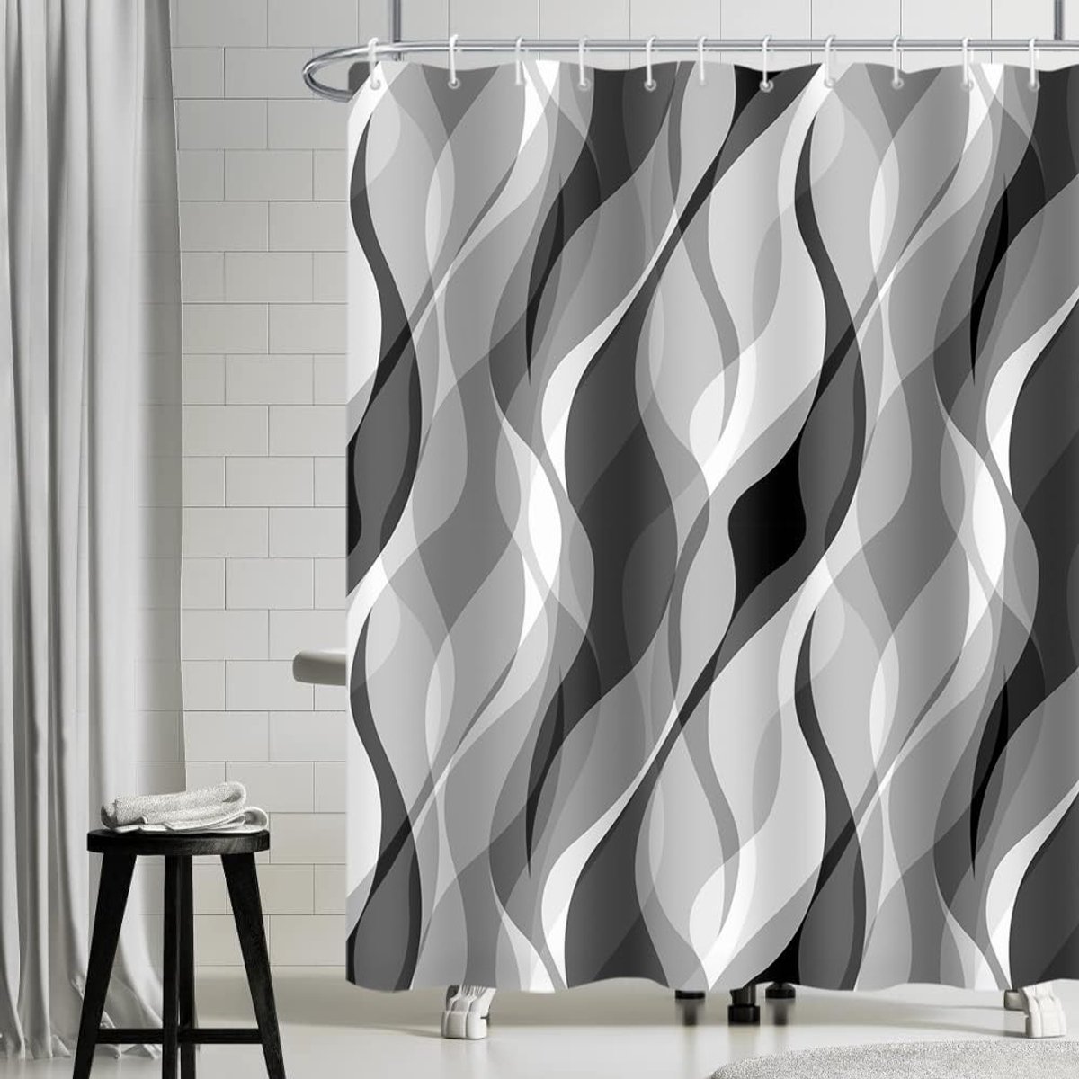 Omgoods - Grijze Douchegordijn met Abstract Geometrisch Patroon - Waterdicht en Wasbaar