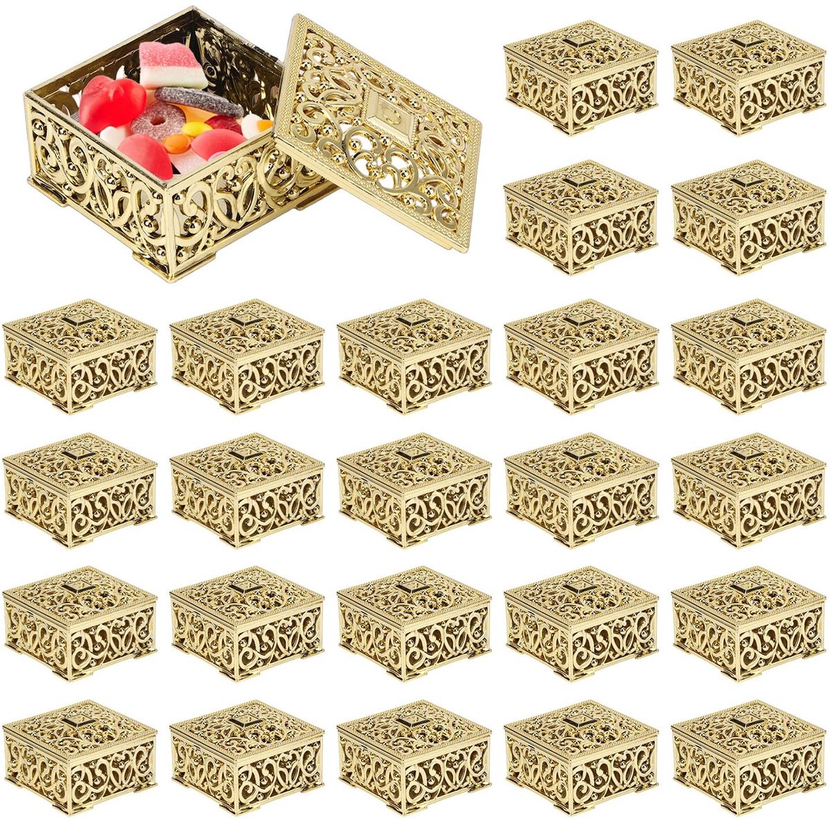 Omgoods- Trouwbedankjes Gouden Candy Box - Mini Opbergdozen - 12 Stuks - PS Kunststof - 5.7x5.7x3cm - Geschikt voor Feesten - Candybox