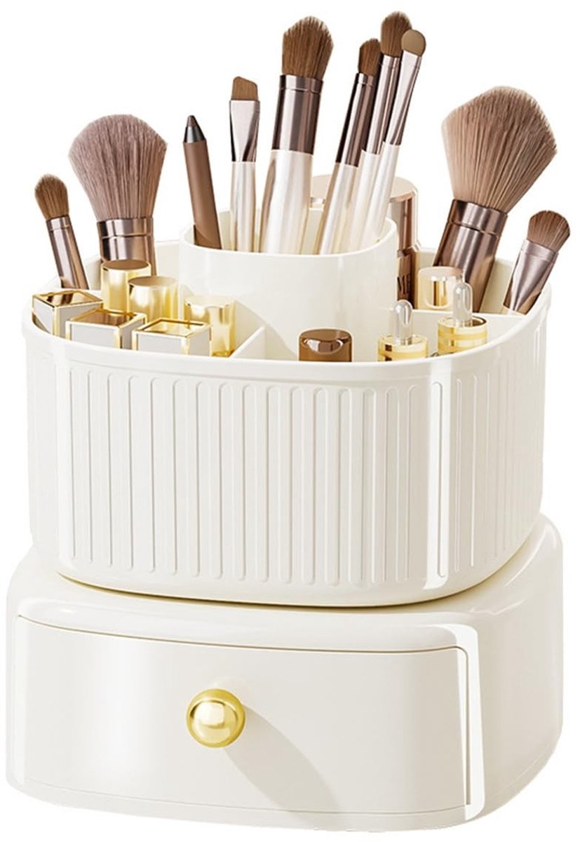 Omgoods - Makeup Organizer met 360 Graden Rotatie - Desk Organizer met Lade in Crème Wit