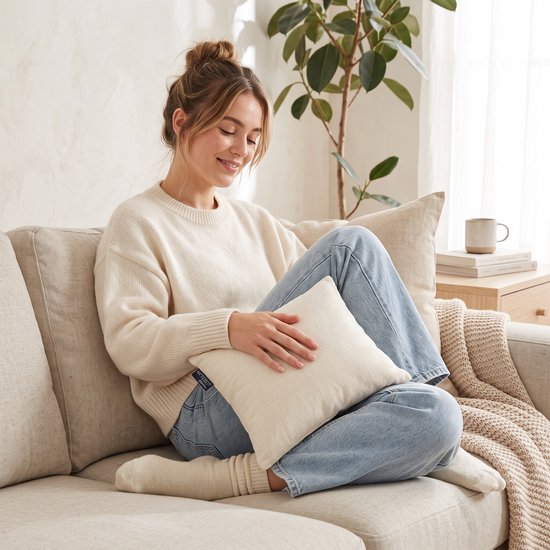Vrouw in witte trui en spijkerbroek zit op een beige bank, met crèmekleurig kersenpitkussen op schoot.