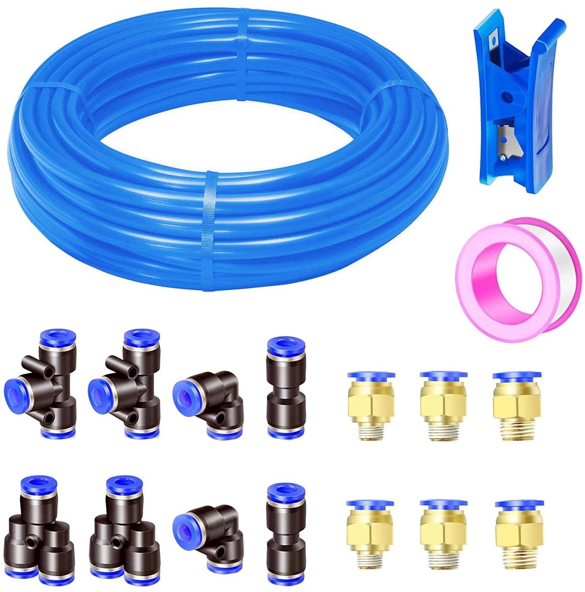 Omgoods- Bandslang 10 m - Polyurethaan - Buitendiameter 10 mm - 14 Bandenconnectoren - Buissnijder - Hoge flexibiliteit - Persluchtslang