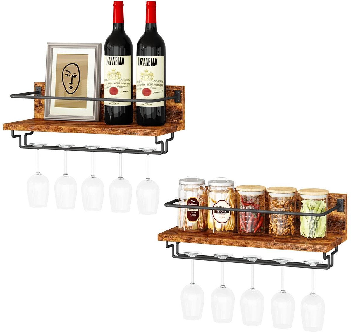 Omgoods - Wand wijnrek voor 8 flessen - Set van 2 - Houten fleshouder