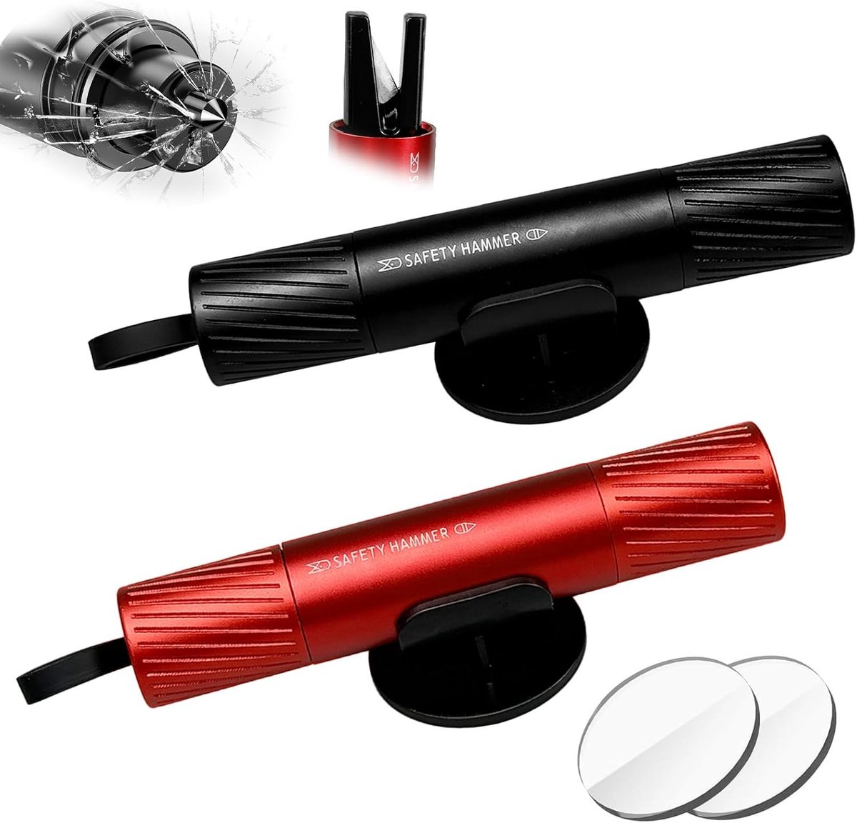 Autoruitenbreker - 2-in-1 gordelsnijder en ruitenbreker - Met testglas en standaard - Veiligheidsontsnappingsgereedschap voor alle voertuigen (zwart en rood - 2-delige set)