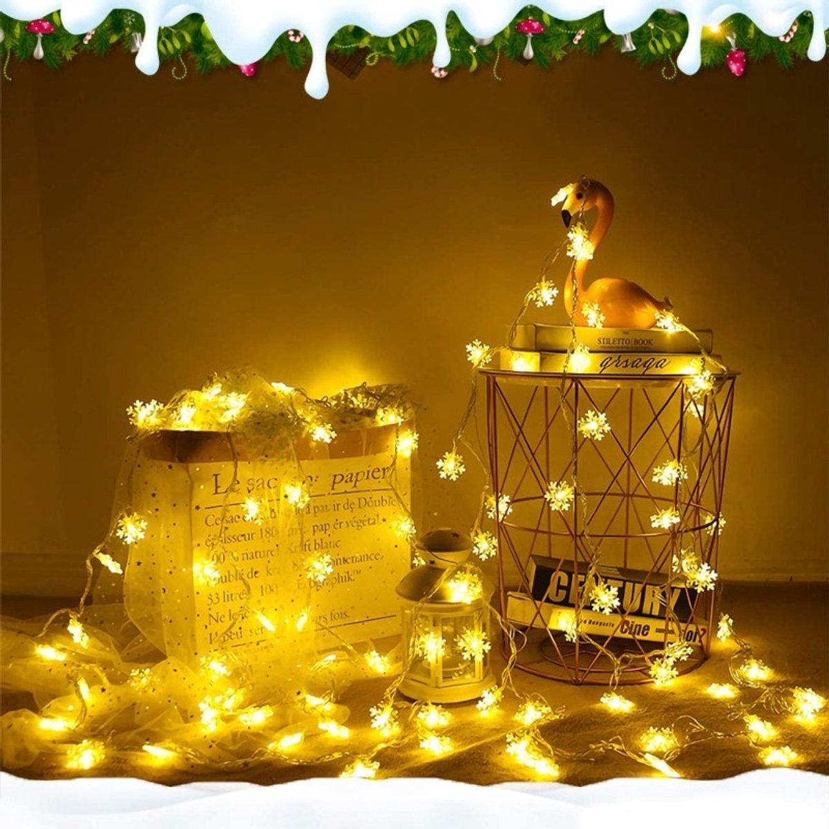 Sneeuwvlok LED Slingerlamp - 6m 40 Lampjes Warm Wit | Batterij gevoed(exclusief batterijen) | 2 Lichtstanden continu & knipperend, Kerst Feestdecoratie Binnen en Buiten- Sfeervolle decoratie binnenshuis — cadeau in Wonen & Interieur - foto 8