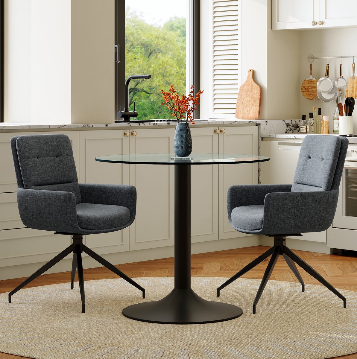 REDOM - Ronde eettafelset voor 2 - Gehard glazen tafelblad - Zwarte metalen basis - 360° draaibare stoelen - Moderne stijl - Eetkamer - Zwart, Donkergrijs, Transparant - 85 x 85 x 76 cm