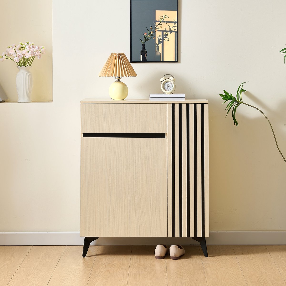 PHOEBE CAT Schoenenkast - Halmeubel - Bijzettafel - Met lades - Verstelbare planken - Natuurlijke + Zwart