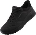 Zwarte Skechers sneaker met veters en veterschoenen. Vlakken op het bovenwerk en mesh bij de hiel.