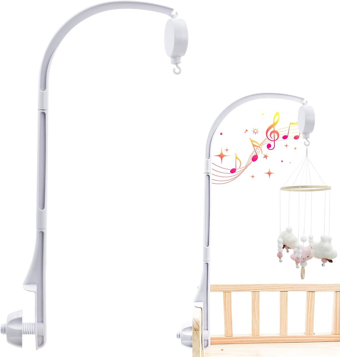 SnelShoppen - Mobiele Houder Wit - Verstelbare Houder voor Babybed, Luiertafel en Kinderbed - Afneembaar en Geschikt voor Windspel - Uniek Design voor