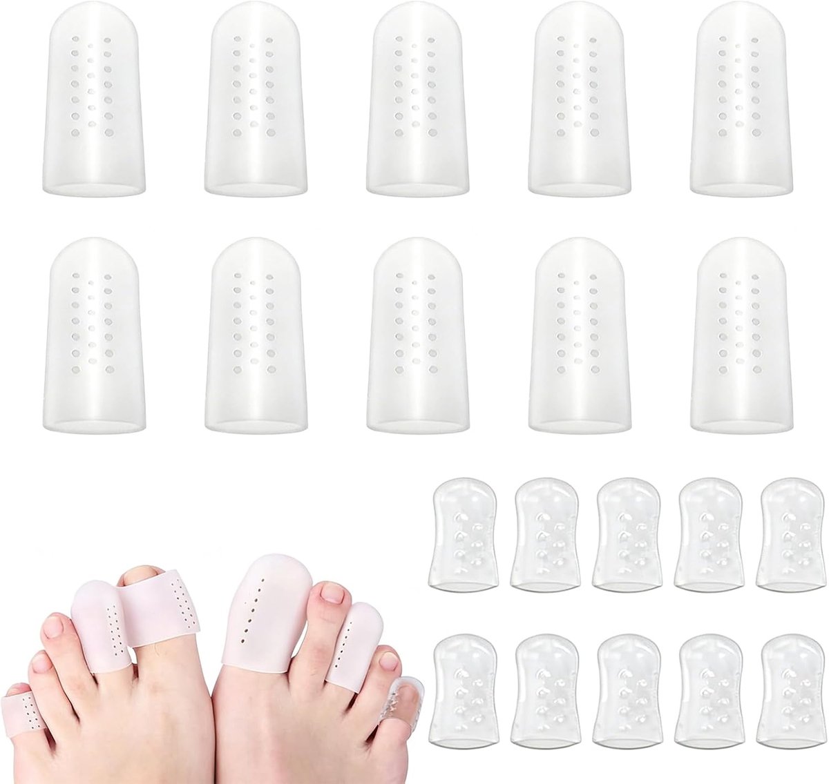 SnelShoppen - Pack van 20 Frictievrije Teenbeschermers, Silicone Teenbeschermhoes met Gaten, Zacht en Ademend voor Ontbrekende Teennagels en Eelt, Mat