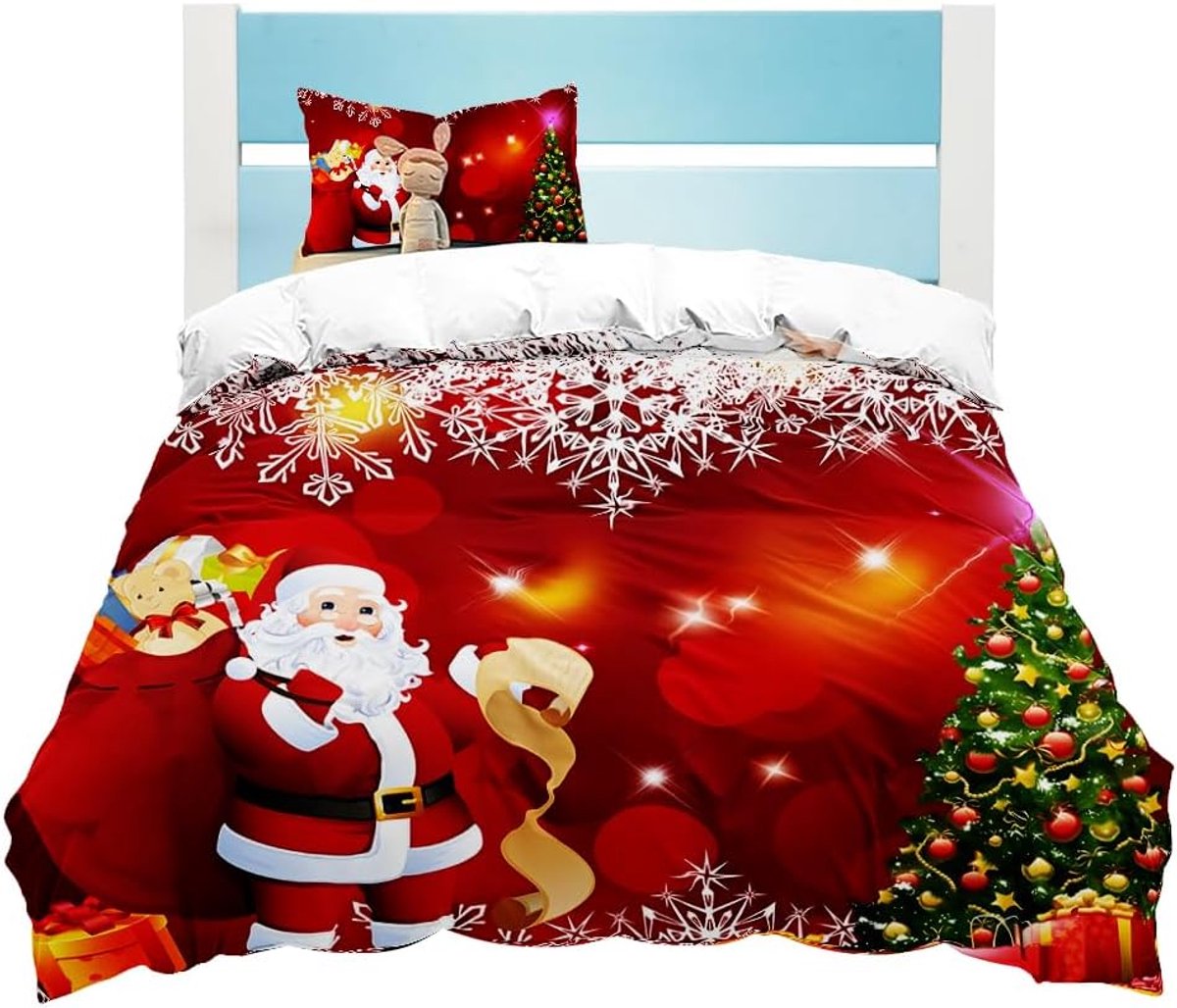SnelShoppen - Kerst Dekbedovertrek 135 x 200 cm met 80 x 80 cm Kussenhoes met Rits, Kerstman, Rendier, Feestelijke Decoratie, Rood, Microfiber