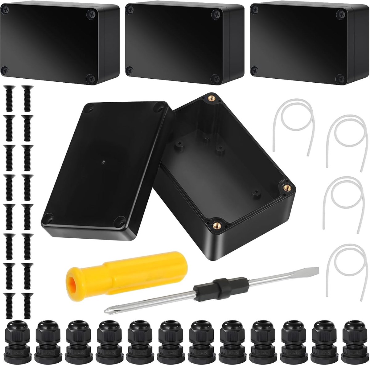SnelShoppen - 4 Stuks IP67 Waterdichte Aansluitdoos, 12 Kabelschroefverbindingen, 100 x 68 x 50 mm, Zwart Elektronica Behuizing voor Binnen en Buiten