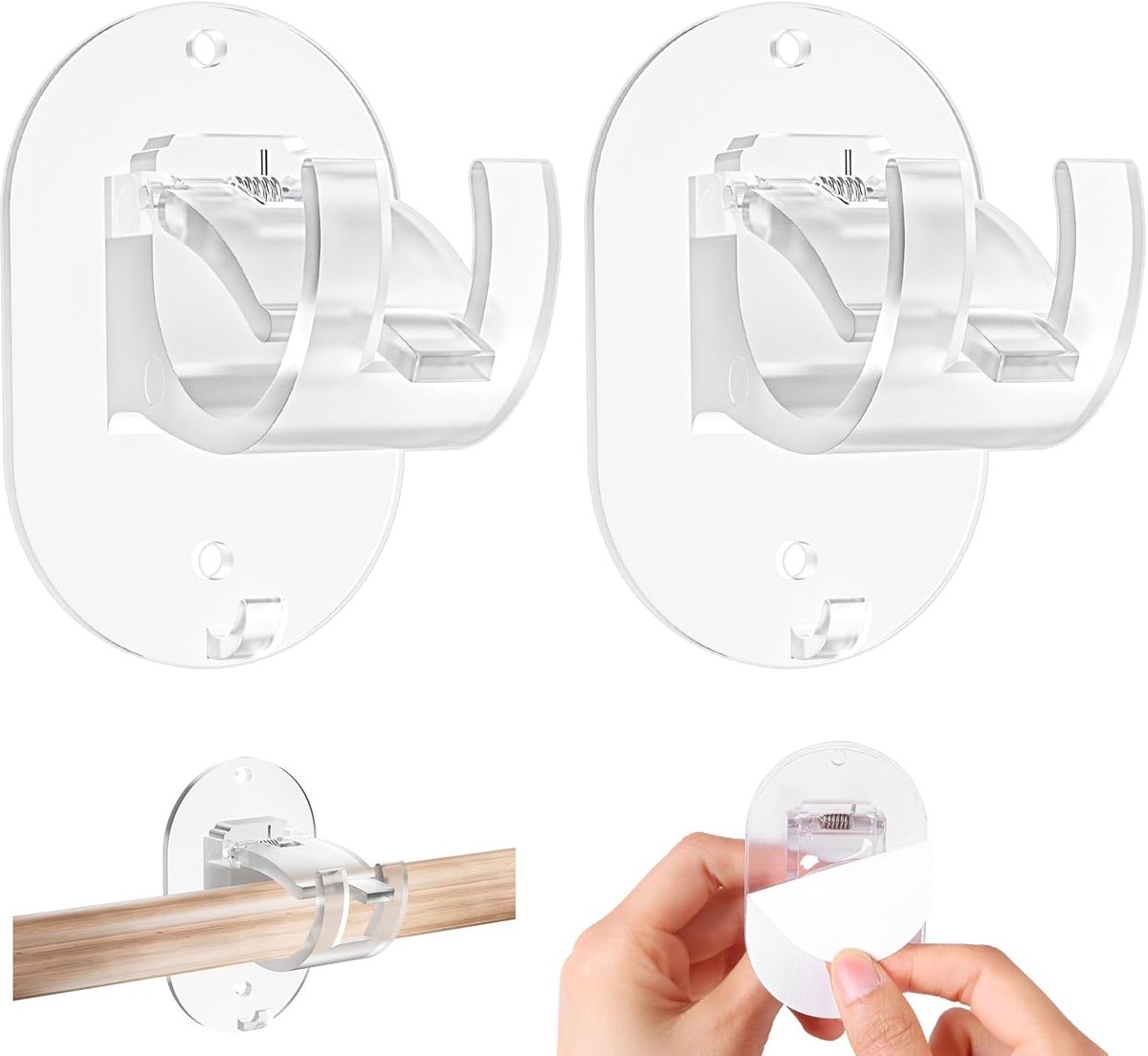 SnelShoppen - Set van 2 zelfklevende gordijnroedhouders zonder boren, verstelbare gordijnroedenhouder, transparant plastic, ideaal voor badkamer en wo