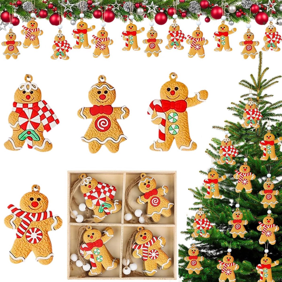 SnelShoppen - 12 Stuks Ornamenten Peperkoekmannetjes Kerst Hangers Kleine Kerstdecoraties voor Kerstboom Versiering Feestdagen