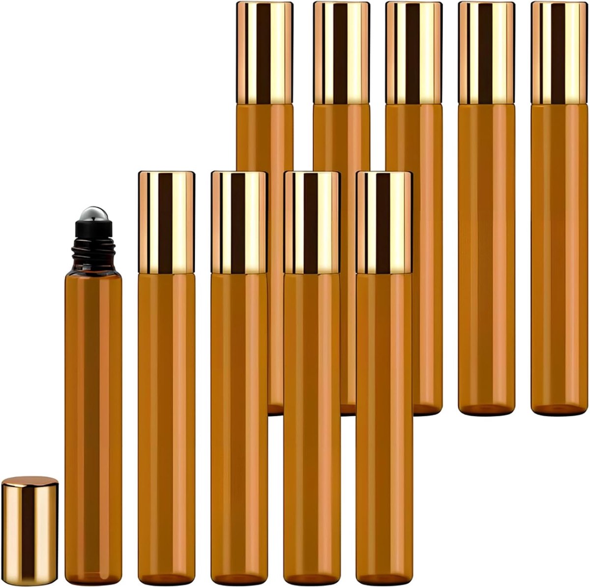 SnelShoppen - Pack van 10 Navulbare Roll-on Flessen Bruin Lege Flessen voor Etherische Oliën, Parfums, Cosmetica, 10ml, RVS Bal, Perfect voor Dagelijk