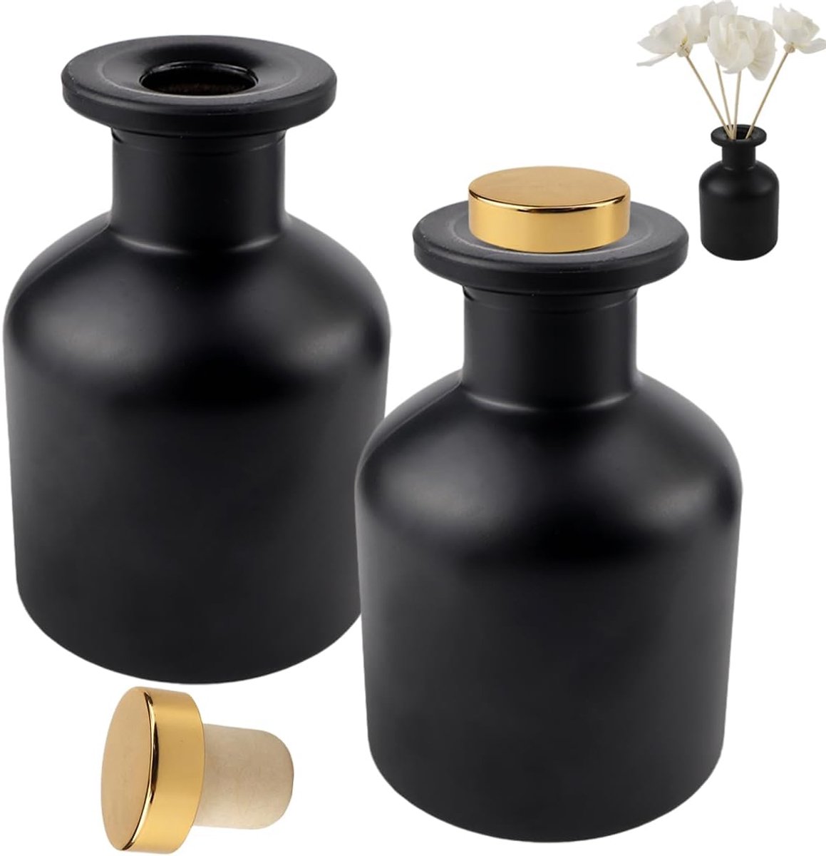 SnelShoppen - 2 stuks glazen diffuserflessen 150 ml leeg met zwarte aromatherapie stokjes en glashouder voor kamergeur vervanging, ideaal voor DIY geb