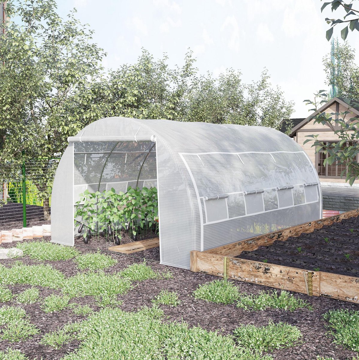 COVREO Tunnelkas 397x300x200 cm wit, staal met 8 ramen en ritssluiting
