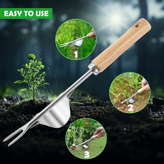 Handmatige onkruidsteker - Onkruidwieder tuin - Onkruid verwijderen - Ergonomisch houten handvat - 33 cm - Zilver — afbeelding 5