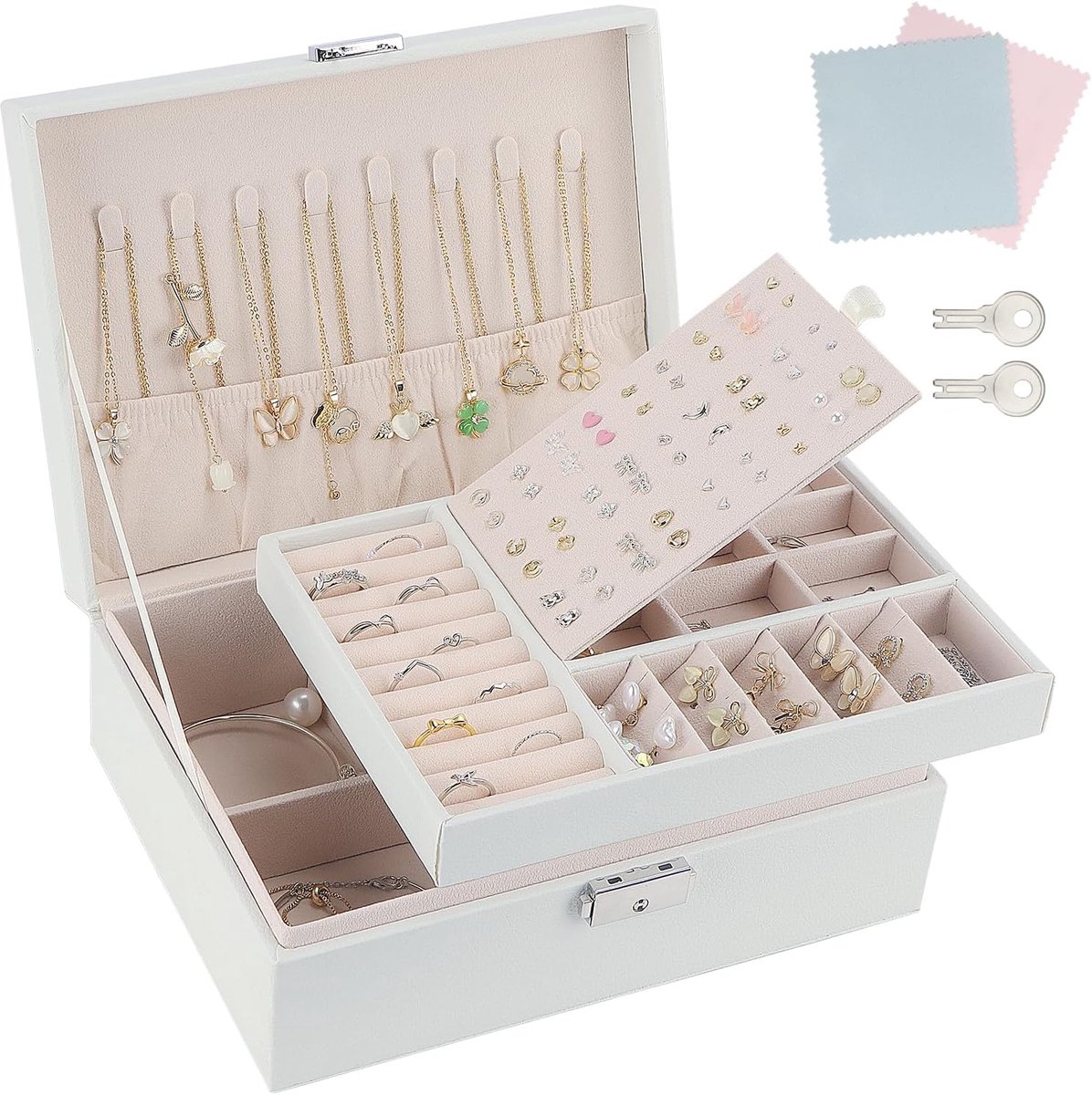 SnelShoppen - Luxe 2-laags Sieradenbox van PU Leer met 2 Sleutels en Schoonmaakdoek - Organiser voor Ringen, Oorbellen, Kettingen, Armbanden - Perfect