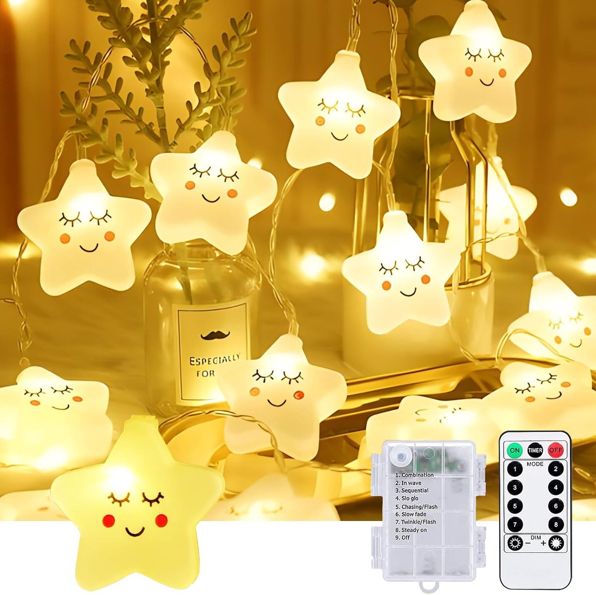 SnelShoppen - Batterij Aangedreven Sfeerlampen Sterren, 20 LED's, 3 m, Warm Wit, Sfeerverlichting voor Kinderkamer, met Timer en Afstandsbediening, 8