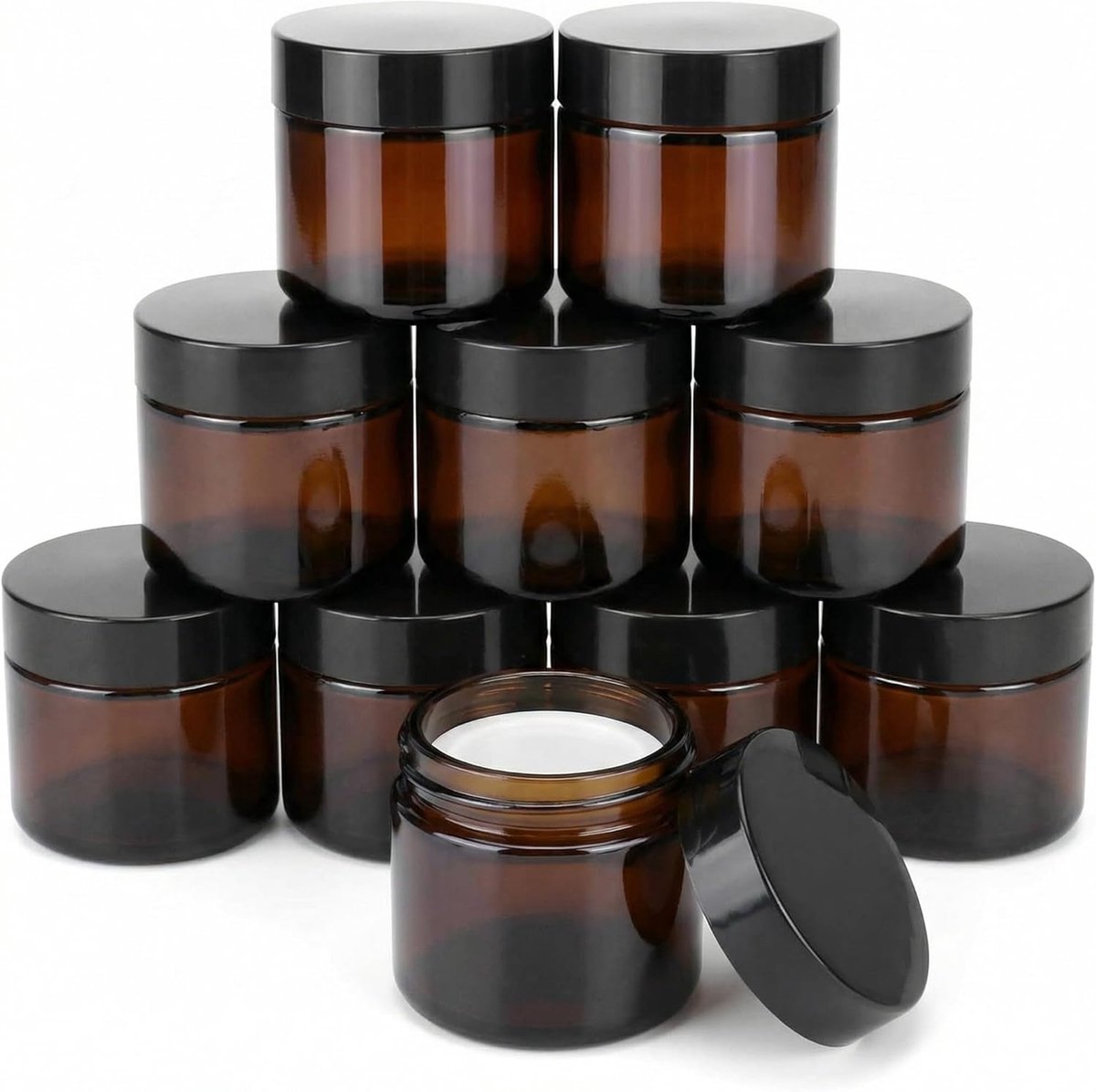 SnelShoppen - Set van 10 Lege Amber Glazen Potten 60ml met Zwarte Deksel, UV Beschermende Multifunctionele Containers voor Essentiële Olie, Lotion, DI
