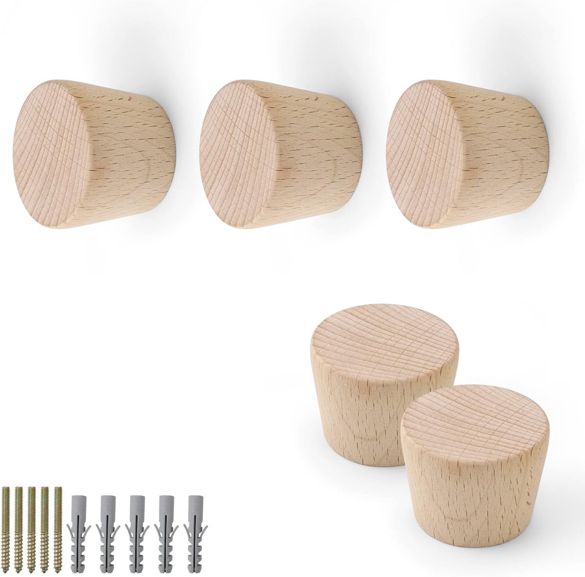 SnelShoppen - Set van 5 Houten Kledinghaken, Conische Wandhaken, Beukenhout, Hoge Draagcapaciteit, Geschikt voor Kleding Hangen, Natuurlijke Houtkleur