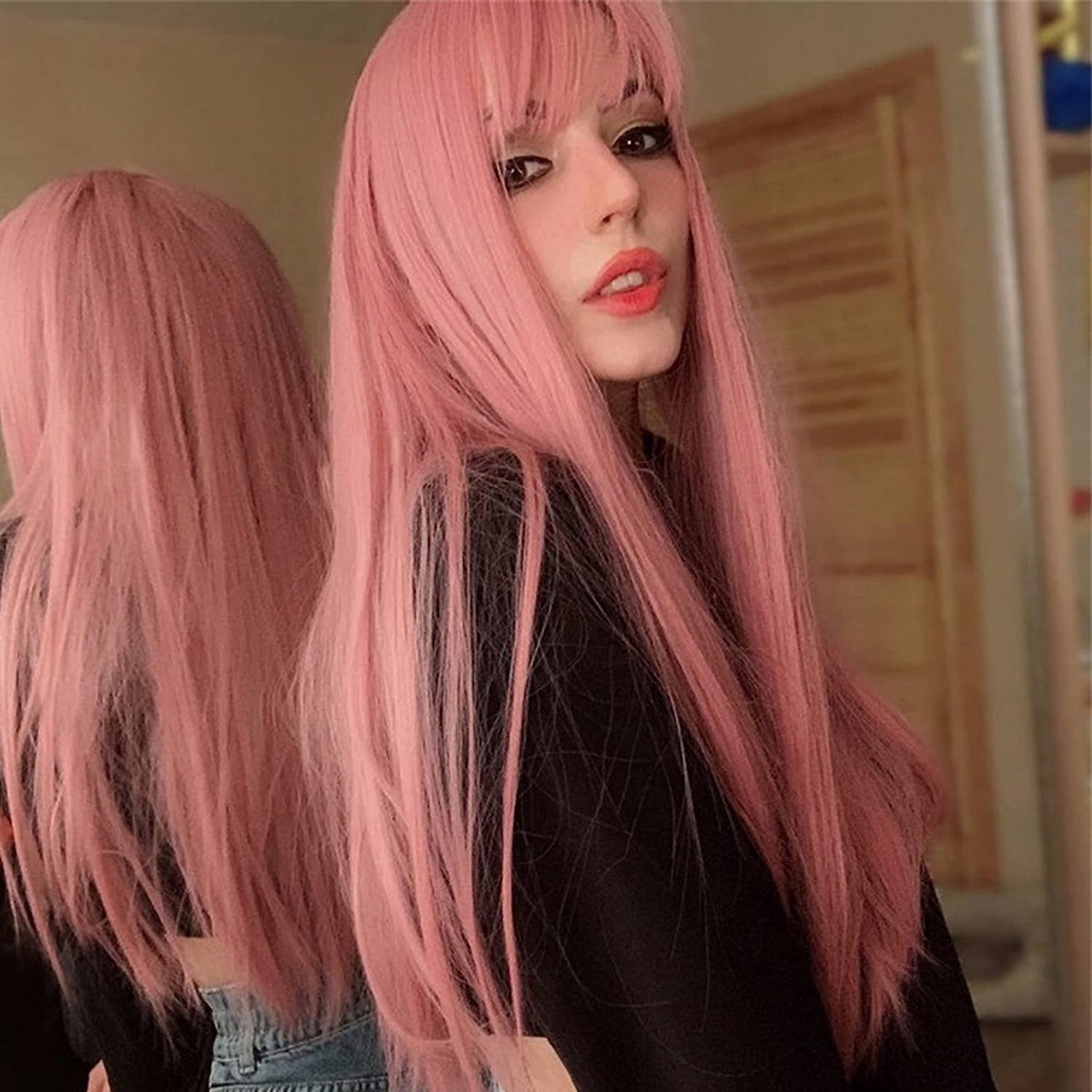 SnelShoppen - Lange Rechte Cosplay Perucq Pink met Pony voor Vrouwen, Natuurlijke Synthetische Haar, 70 cm - Perfect voor Carnaval en Halloween Feestj