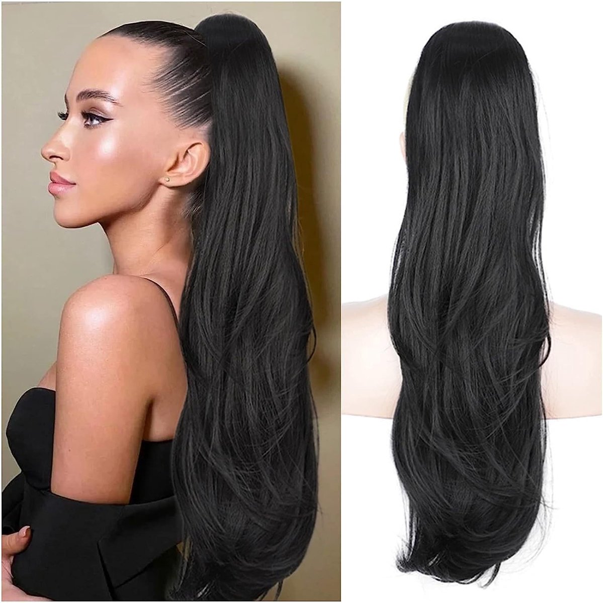 SnelShoppen - Ponytail Extension voor Vrouwen - Donker Zwart 66 cm Lang - Natuurlijk Steil met Golvende Einden - Synthetische Haarstuk voor Dagelijks