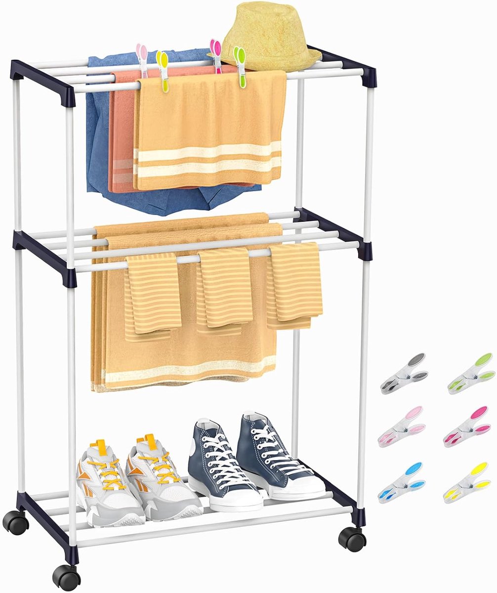 SnelShoppen - Kleine Wasrek met Wielen, Vrijstaande Handdoekhouder, Ruimtebesparende Droogtoren voor Binnengebruik, 3 Laags, Stabiel en Duurzaam, Idea