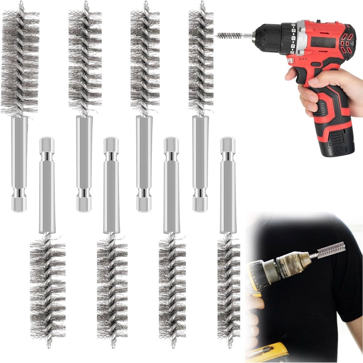 Draadborstel set 8 stuks - RVS cilindrische borstel - Roestbestendig - Voor boren en polijsten - ShopVlot