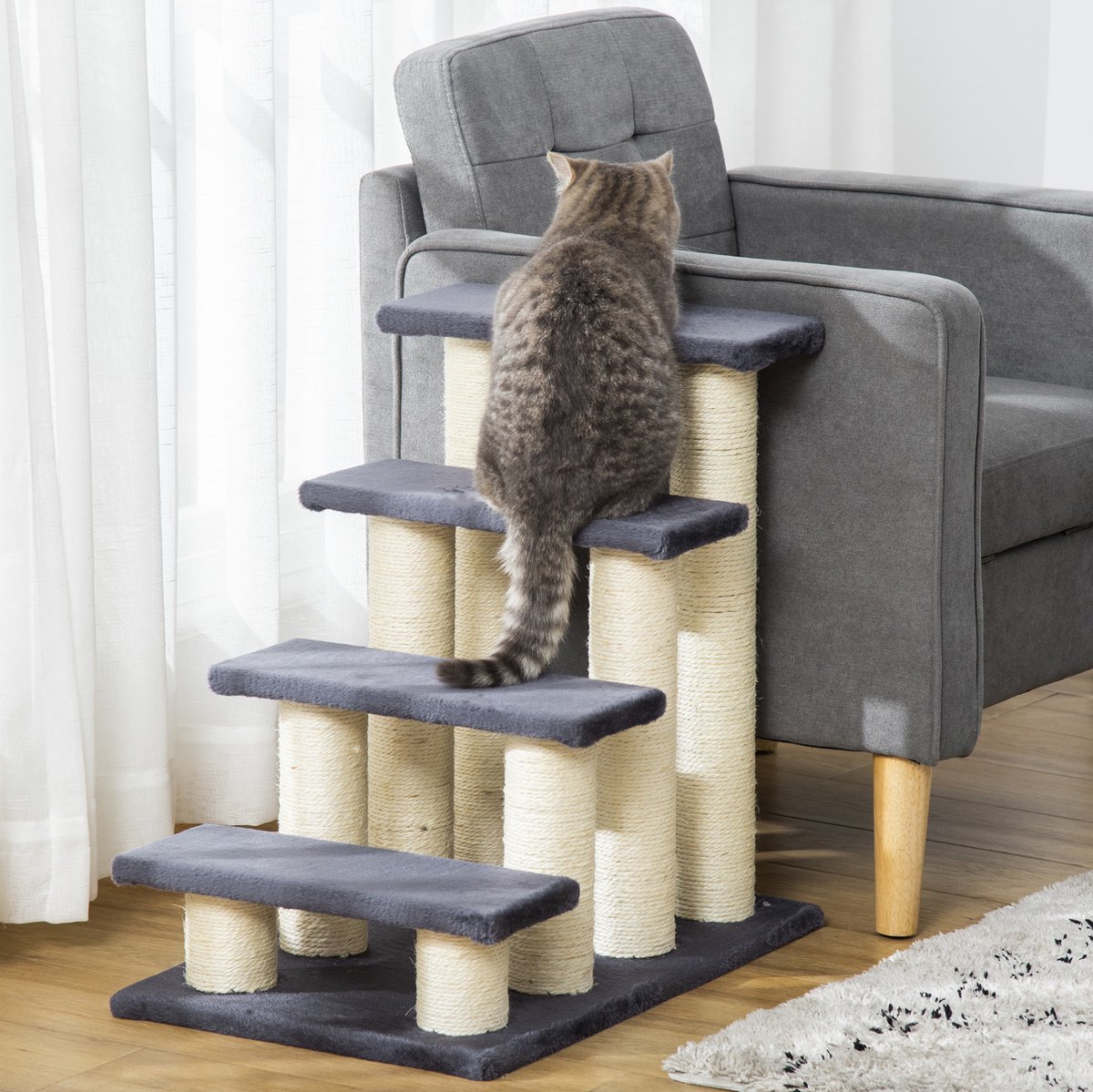 REDOM - Petstrap voor katten en honden - 4 treden - Pluche bekleding - Sisal krabpalen - Voor sofa en bed - Grijs - 60 x 40,5 x 59 cm