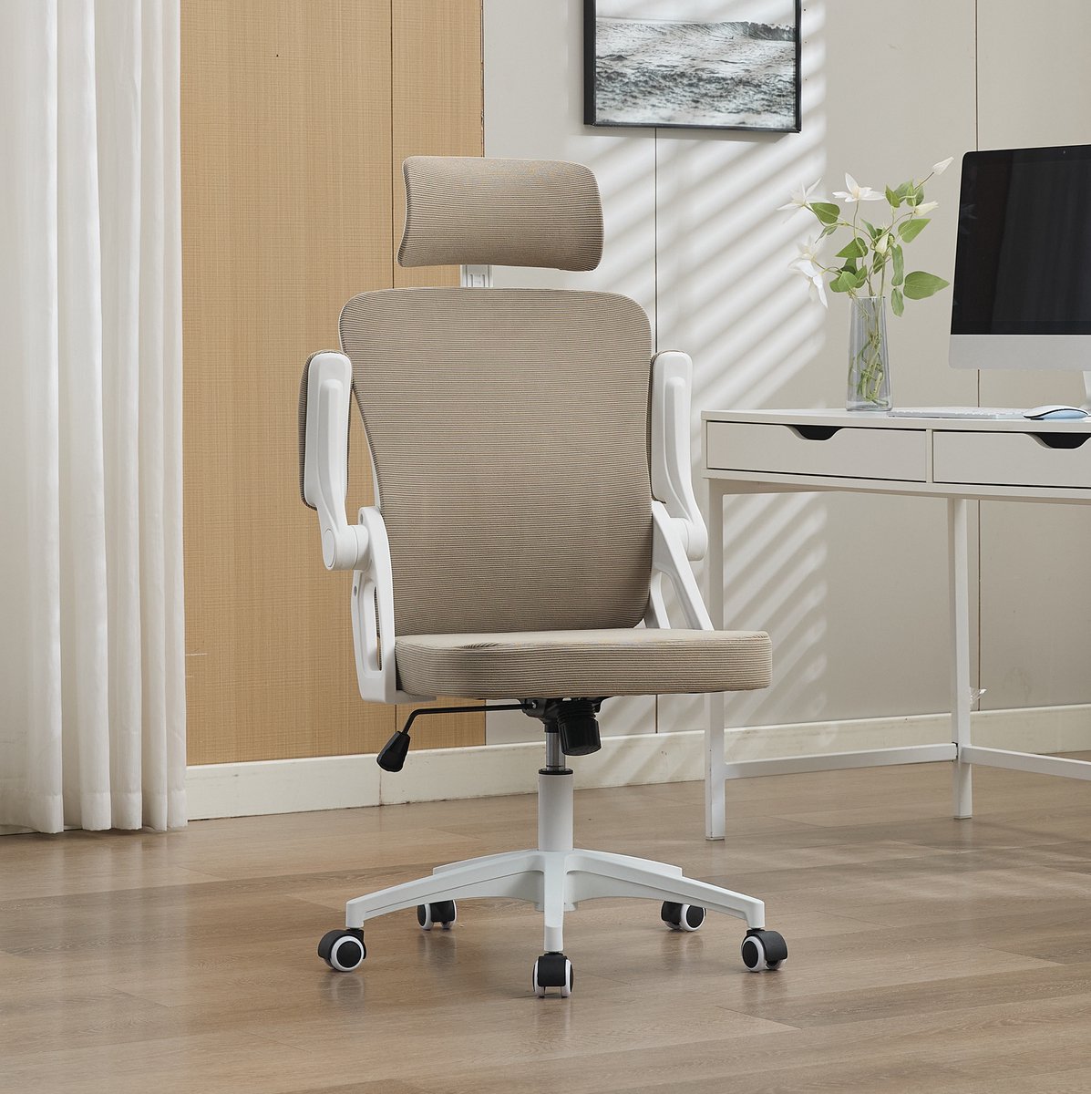 REDOM - Bureaustoel - Ergonomische netrug met verstelbare lendensteun en hoofdsteun - Verstelbare armleuningen en zithoogte - Mesh - Thuis en kantoor - Kaki - 108 x 65 x 58 cm