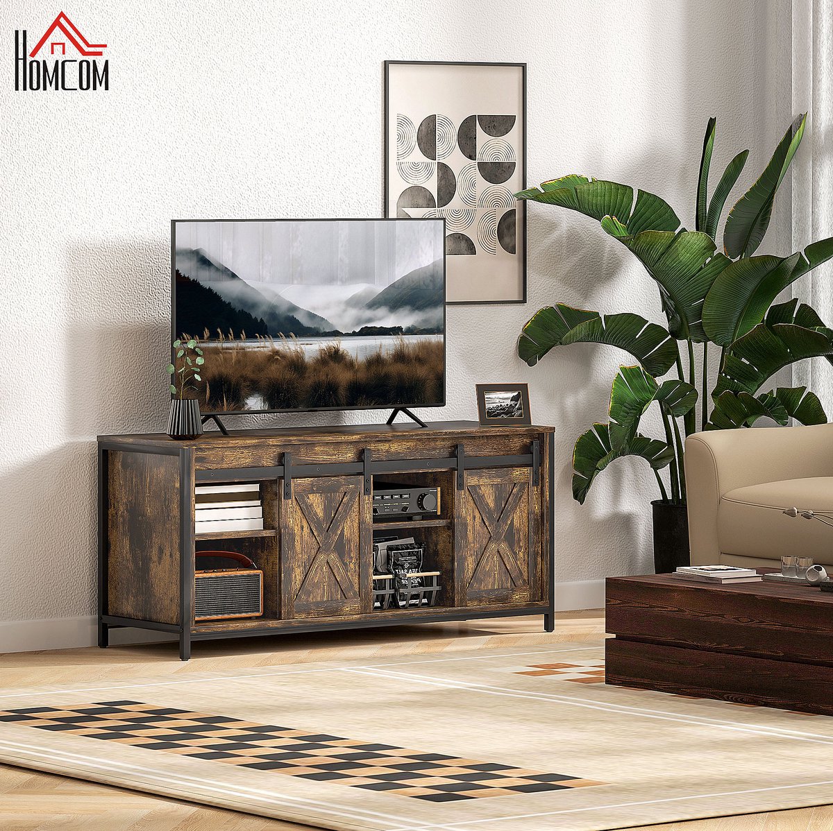 FloraGrace Tv Meubel Industrieel Design Met Schuifdeuren En Kabelbeheer Voor Woonkamer Tot 60 Inch Multiplex Bruin 120 X 40 X 54 Cm