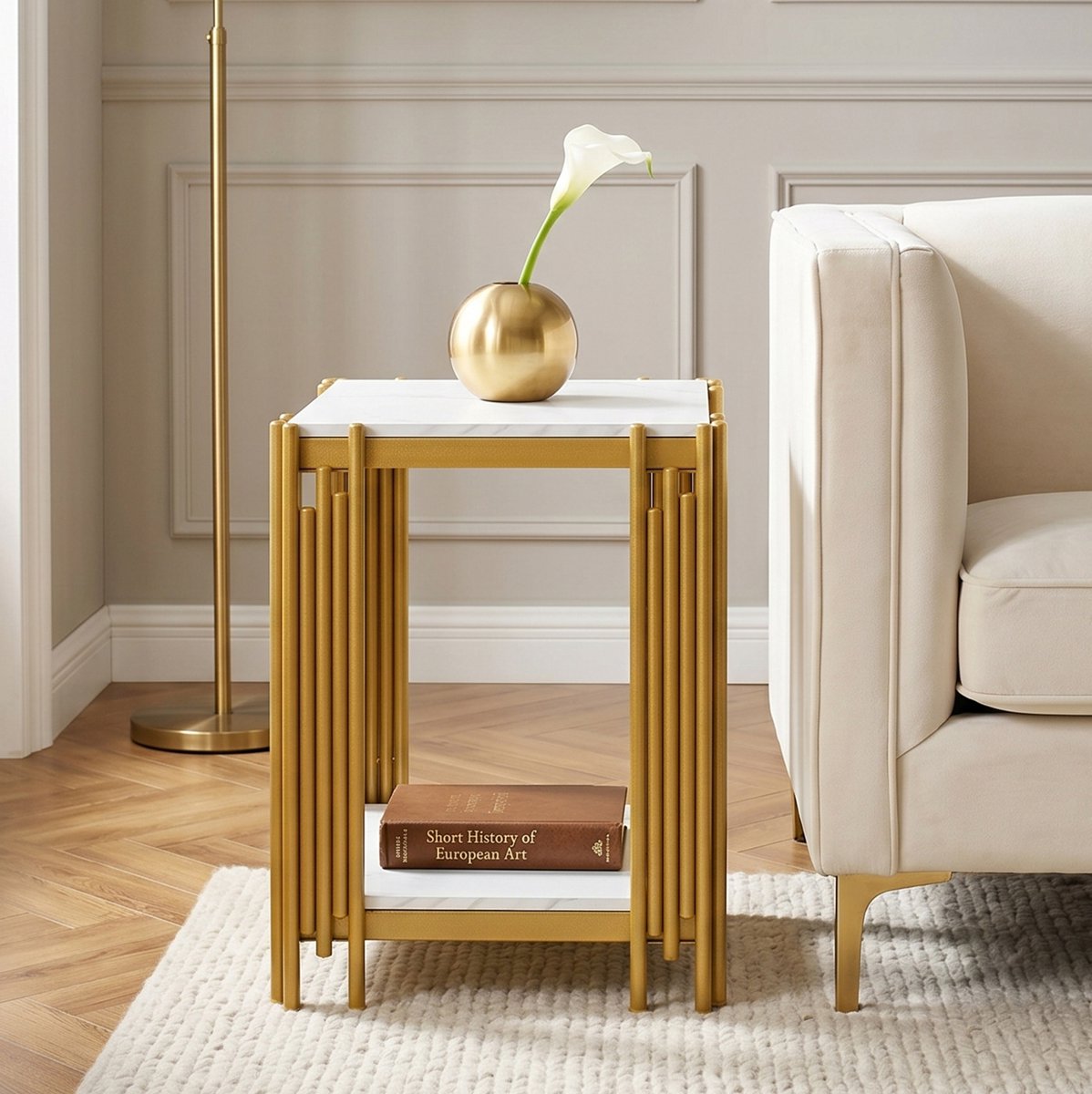 FloraGrace Bedtafel - Modern Bijzettafeltje Met 2 Planken En Marmerlook - Voor Slaapkamer Woonkamer En Hal - MDF En Metaal - 43x40x55 Cm - Wit Goud