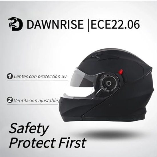 Matzwarte DAWNRISE systeemhelm met ECE 22.06 keurmerk, uittrekbaar zonnevizier en verstelbare ventilatie.
