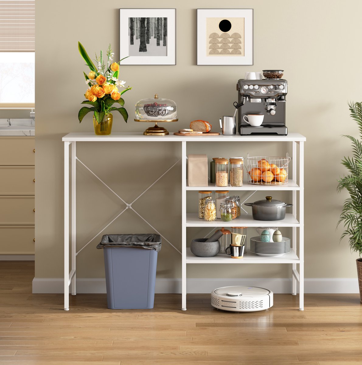 REDOM - Multifunctionele opbergtafel - Vrij combineerbaar ontwerp - Open opbergvakken en verstelbare stelvoeten - Moderne stijl - Keuken, woonkamer, kelder en garage - MDF en metaal - Wit - 120 x 40 x 85,5 cm