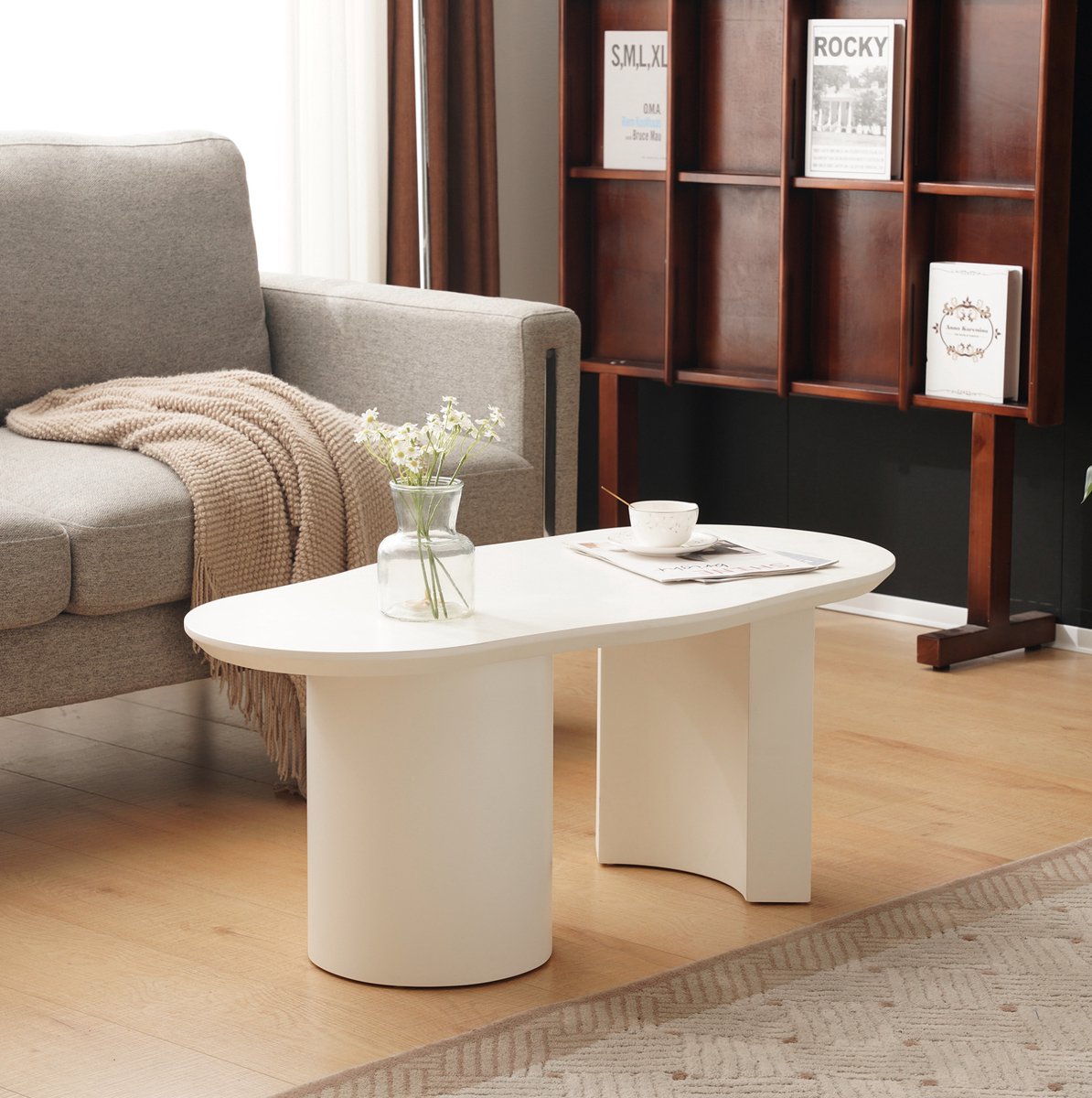 FloraGrace Salontafel - Organische Vorm Met Gelakt Oppervlak - Modern Voor Woonkamer - MDF - 100x50x40,5 Cm - Wit