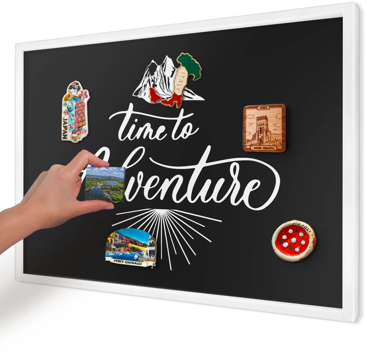 Artprintcave Zwart Magneetbord mit Witte Lijst - 60x40 cm - Avontuurlijke Tijd Magnetisch Bord Voor Magneten - Typografisch Wandbord Magnetisch - Teksten