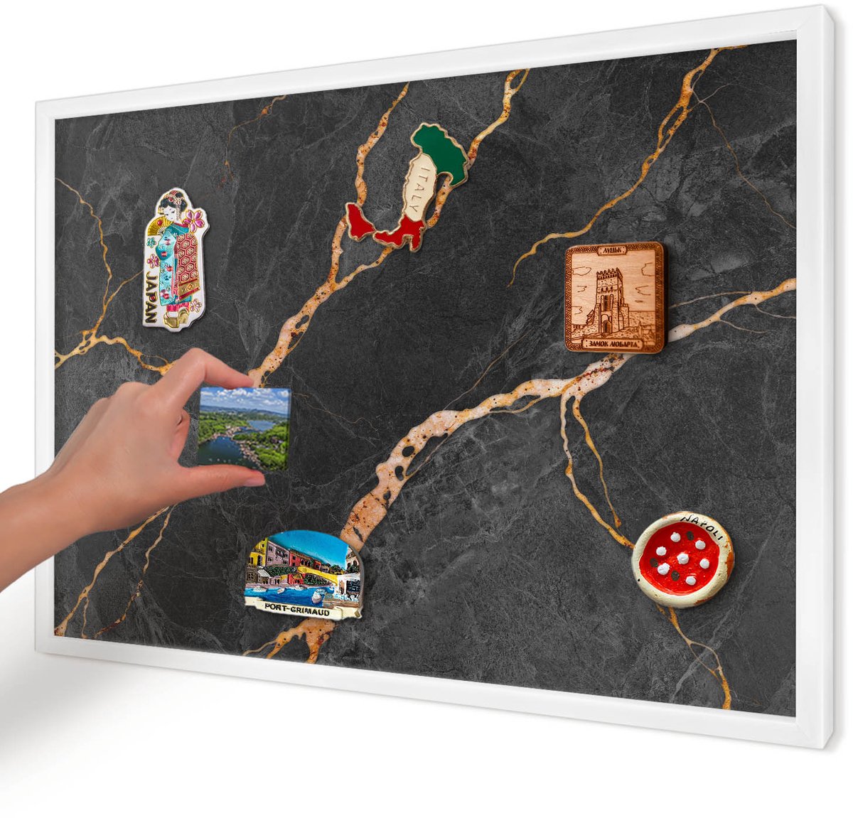 Artprintcave Zwart Magneetbord mit Witte Lijst - 60x40 cm - Marmeren Linten Memobord Keuken - Abstract Magneetbord Voor Foto's - Texturen