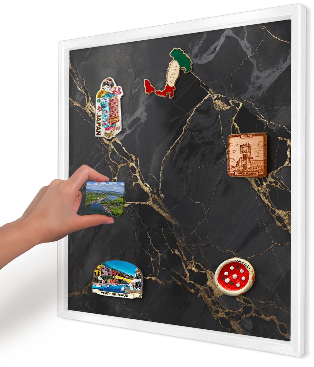 Artprintcave Zwart Magneetbord mit Witte Lijst - 50x50 cm - Zwart Marmer Wandbord Magnetisch - Modern Memobord Keuken - Texturen