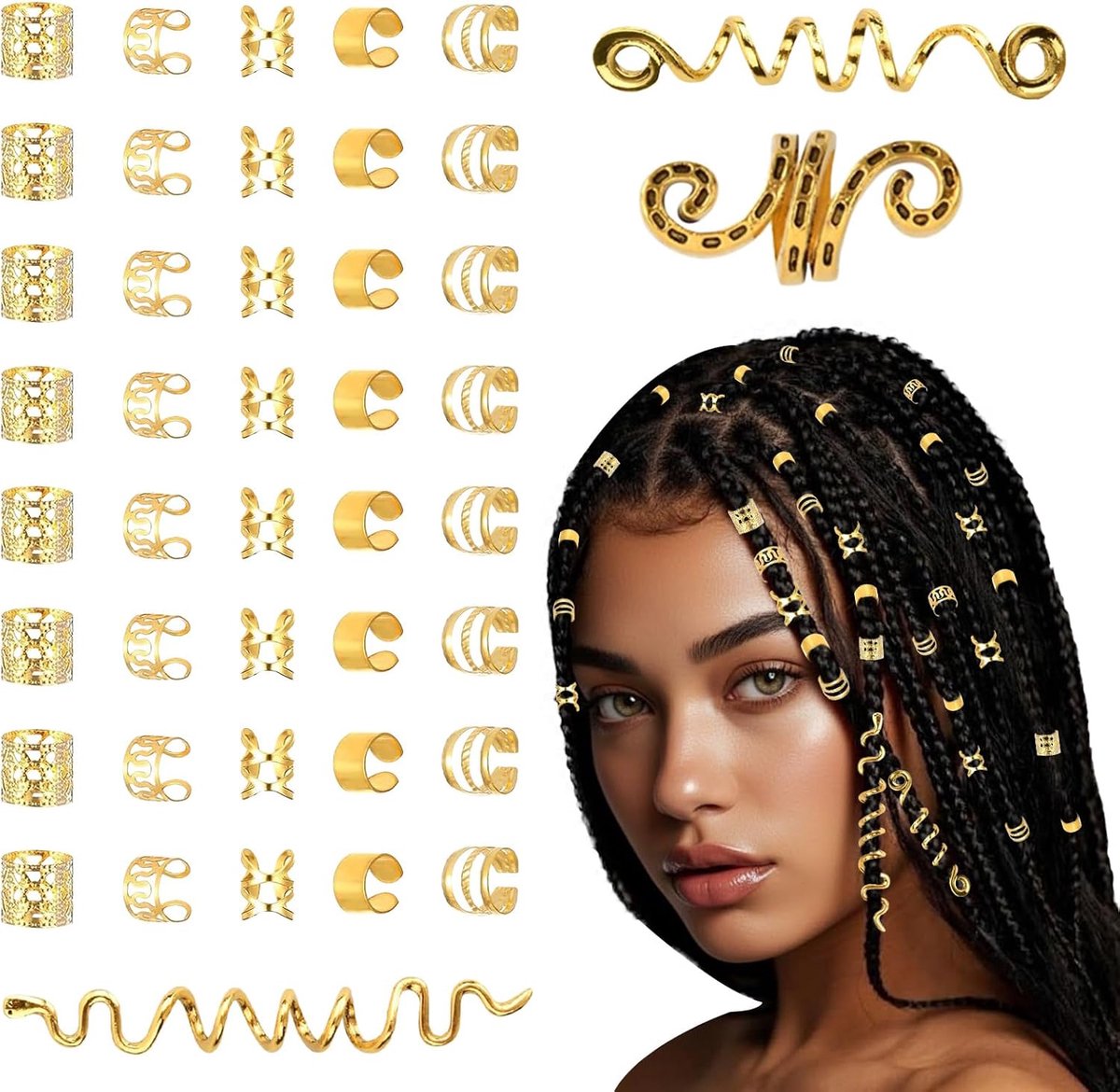 SnelShoppen - 43 Delen Carnaval Haaraccessoires Goud - Slang Sieraden Set voor Dreadlocks en Vlechten, Metalen Spiralen & Clips voor Feesten en Themap