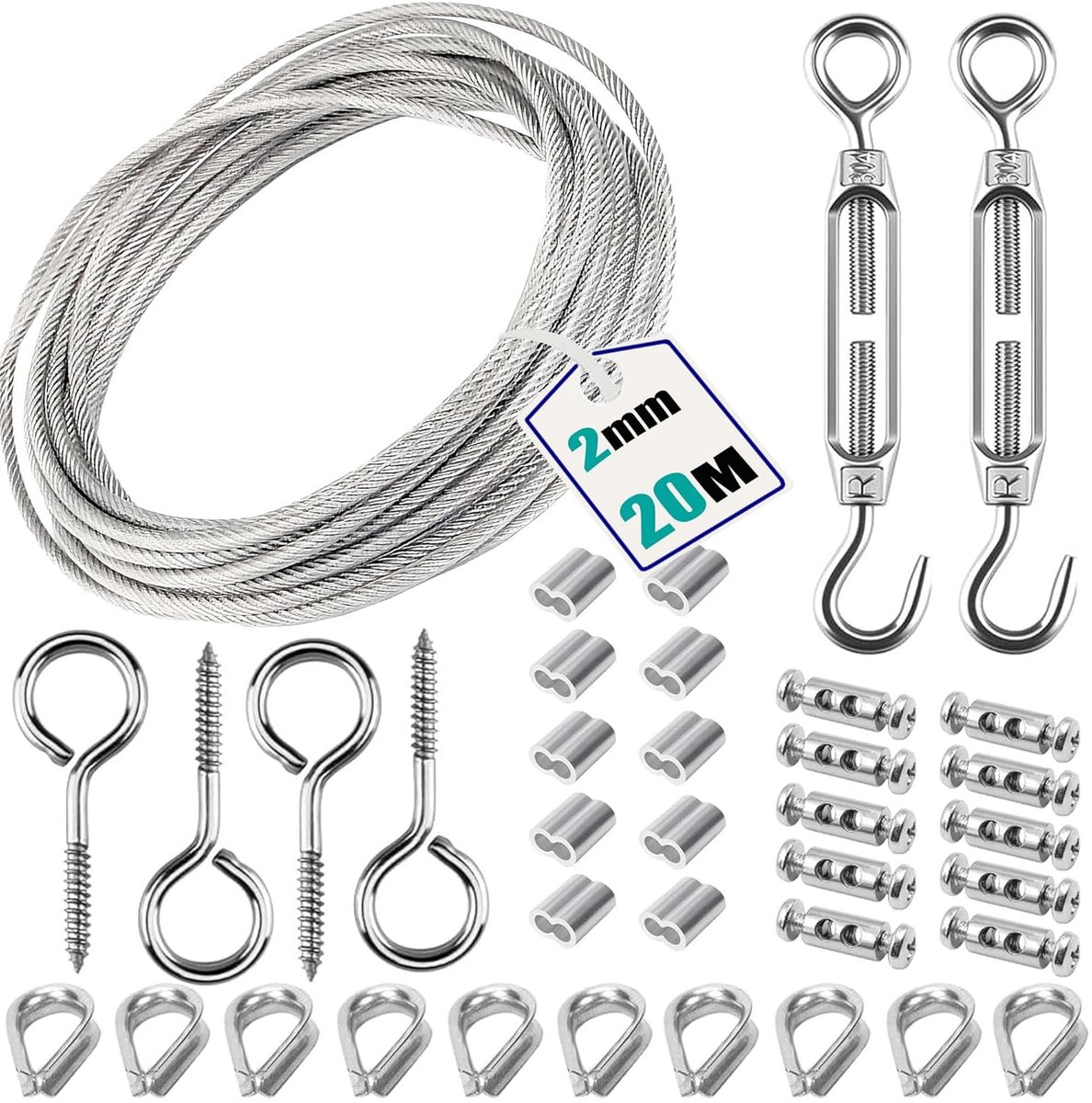 SnelShoppen - 304 RVS Kabel Set 20 m x 2 mm, 10 Aluminium Klemmen, 10 Kabelbinders, 2 Verstelbare Haakjes, Perfect voor Waslijn en Doe-Het-Zelf Projec