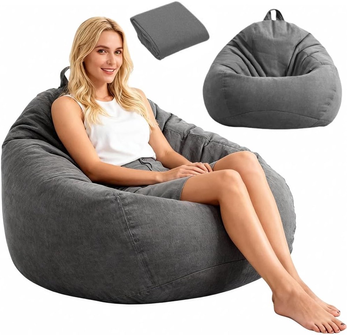 SnelShoppen - XL Zitzak voor Kinderen en Volwassenen, Grijze Zitzak Cover - Geen Vulling, Perfect voor Gaming, Buiten en Binnen - 100 x 120 cm