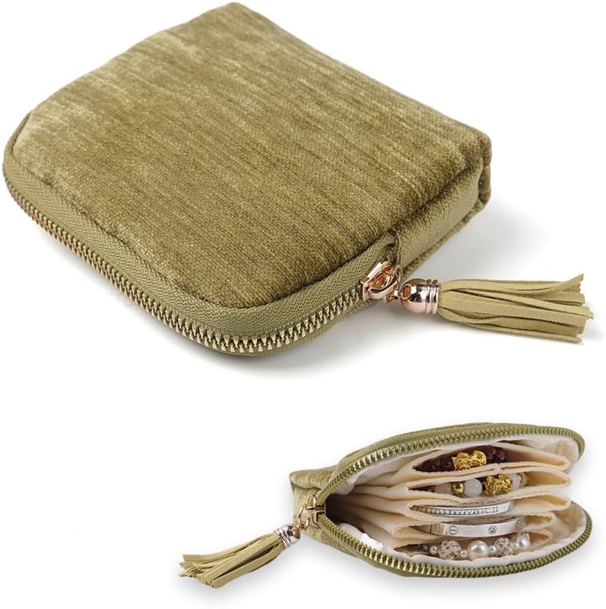 SnelShoppen - Mini sieraden tas met rits, zachte reis sieraden organizer met franjes, 5 vakken voor ringen, kettingen, armbanden en oorbellen