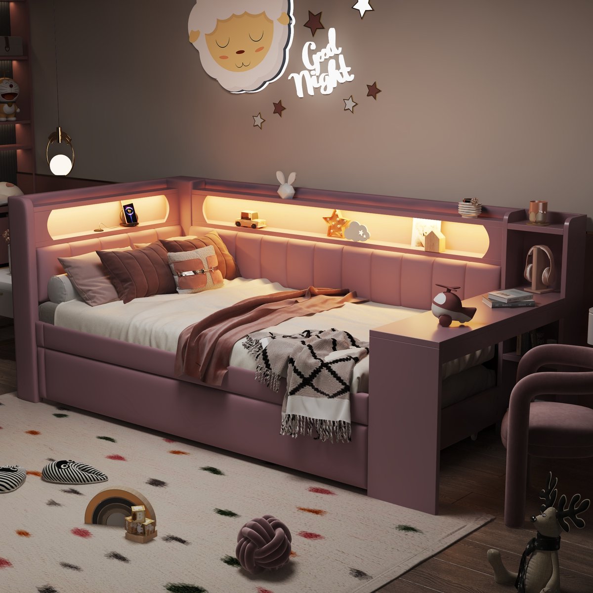 Gestoffeerd dagbed 90x200 cm met uitschuifbed (90x190 cm) en bureau - Roze - USB-laadpoort en LED-verlichting met 7 kleuren - Inclusief 12-delige lattenbodem - Geschikt als kinderbed of logeerbed