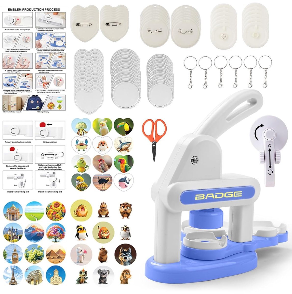 SnelShoppen - Kindvriendelijke Button Maker Machine 35mm/55mm - DIY Badge Maker Set met 72 Button Onderdelen en 3 Stickers voor Creatieve Kinderen
