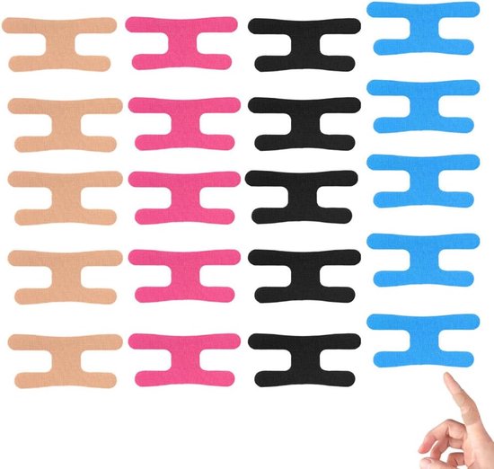 Overzicht van voorgesneden H-vormige tape in vier kleuren: huidskleur, roze, zwart en blauw.