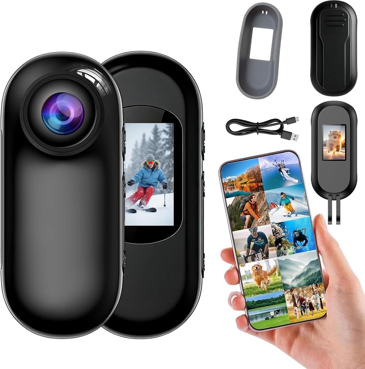 SnelShoppen - 4K Actiecamera IP68 Waterdicht, Magnetische Bodycamera met Nachtzicht, 1.14 Inch Display, 110° Breedhoeklens voor Fietsen, Skiën, Duiken